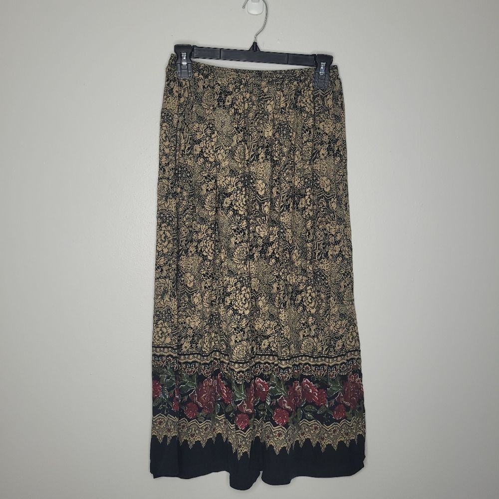 vintage 90s dark Romantic pull on elastic waist floral maxi midi skirt size med - Picture 1 of 7